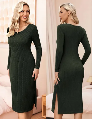 Vista 4 de Ekouaer Maternity Dress Rib Knit Long Sleeve Side Slit Bodycon Dresses Pregnancy Baby Shower Clothes S-XXL