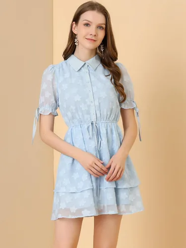 Vista 3 de Allegra K Peter Pan Collar Dress for Women's Floral Drawstring Chiffon Layered Shirt Dresses