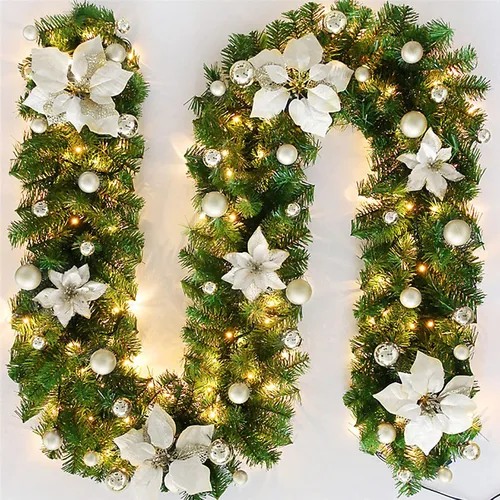 Vista 10 de Guirnalda de Navidad iluminada – 8.8 pies, de ratán, de Navidad, flores artificiales y vid artificiales de Navidad, con luces, funciona
