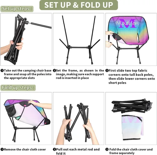 Vista 5 de Silla de camping personalizada portátil con nombre, silla plegable ligera para playa, senderismo, rosa, azul y dorado