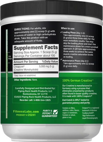 Vista 2 de Fitness Labs Monohidrato de Creatina Alemán en Polvo 500 Gramos Suplemento Fitness Creapure 100 Porciones