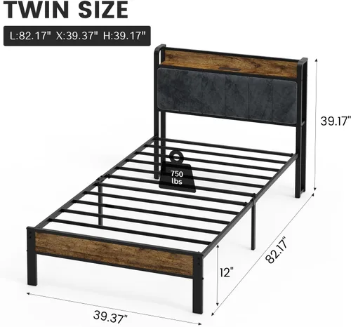 Vista 2 de PROTEA Base de cama de tamaño individual con luces LED y estación de carga, cabecera tapizada con almacenamiento, plataforma resistente con listones