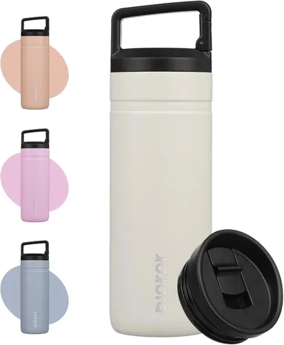 Vista 11 de BJPKPK - Botella de agua aislada con 2 tapas, vaso/taza de viaje de acero inoxidable de 20 onzas con aislamiento al vacío de doble pared, taza