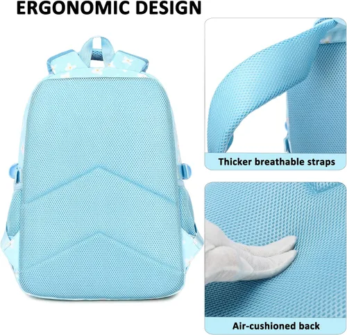 Vista 5 de Sugaroom Mochila escolar con lonchera para niñas adolescentes, Flor azul, Mochila floral con lonchera y bolsa para lápices