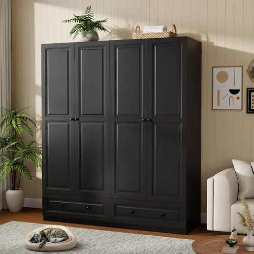 Vista 9 de Armario de dormitorio con cajones: armario de madera de 74 pulgadas con 3 puertas, armarios negros con 2 cajones, armario alto con estantes y ropa