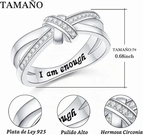 Vista 5 de DAOCHONG Anillo de Plata de Ley 925 "Soy Suficiente, Soy Digna, Soy Fuerte, Soy Amada" para Mujeres