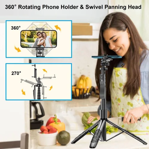 Vista 3 de Trípode de teléfono de 60 pulgadas y palo para selfie, trípode extensible todo en uno para teléfono celular, rotación de 360° con control remoto
