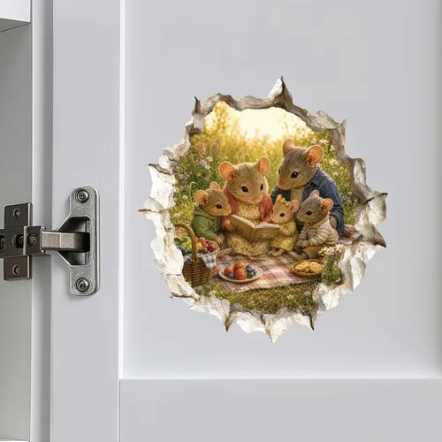 Vista 2 de Adhesivo de pared 3D con diseño de familia de ratón con agujero de ratón