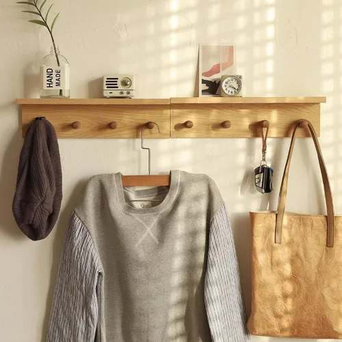 Vista 9 de Perchero de pared con estante, estante flotante de madera resistente con ganchos para ahorrar espacio interior, organizador de pared adecuado