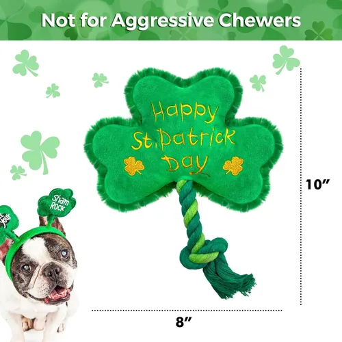 Vista 6 de Juguete para perros del día de San Patricio, juguetes chirriantes para perros con cuerda, juguetes de peluche de trébol de trébol, regalos del día