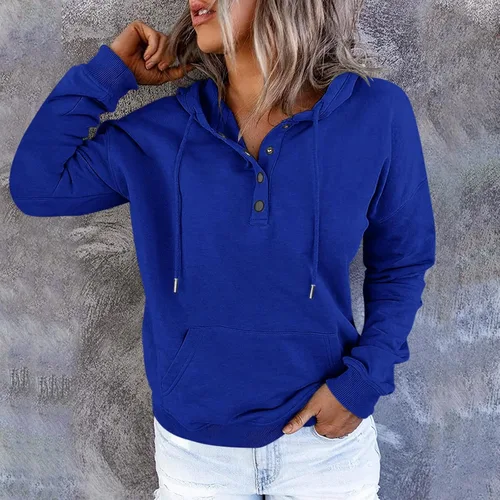 Vista 3 de Sudaderas con capucha para mujer, sudadera casual de manga larga con cordón, ligera, con botones, ajuste holgado