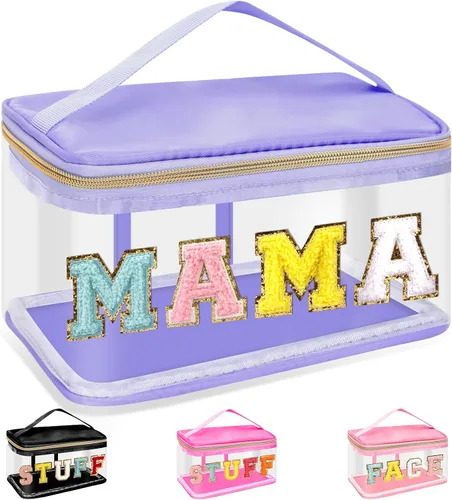 Vista 11 de izuzta Bolsas de maquillaje transparentes con letras de chenilla, bolsa de maquillaje de parche preppy con asa