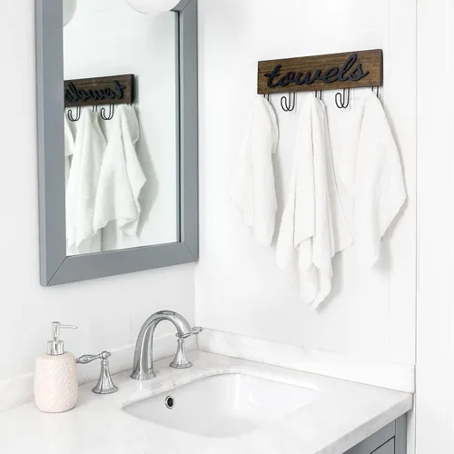 Vista 4 de Mkono Soporte de Toallas Montado en Pared, Toalleros para Baño, Decoración de Casa de Campo, Ganchos de Madera Rústica para Toallas, para Colgar