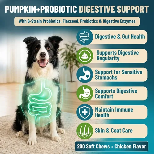 Vista 2 de Probióticos para perros, 200 probióticos suaves masticables para perros, salud digestiva, salud intestinal y sistema inmunológico, con 6 probióticos