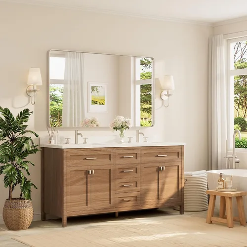 Vista 68 de TETOTE Espejo de marco dorado cepillado de 16 x 24 pulgadas, espejo de tocador de baño de latón dorado para pared, espejo enmarcado rectangular