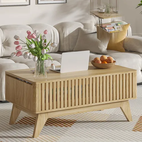 Vista 8 de Mesa de centro elevable con compartimento oculto, mesa de centro moderna de mediados de siglo para sala de estar, mesa central de granja de diseño