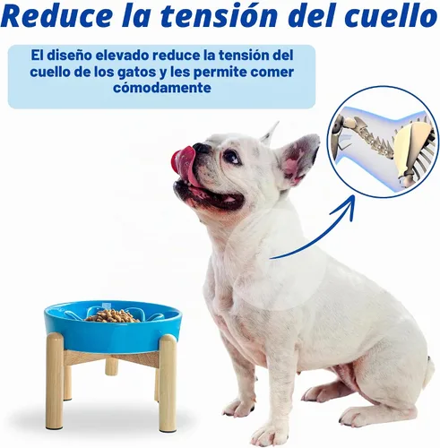 Vista 5 de Cuencos de cerámica para perros de alimentación lenta, elevados, 3 tazas, comedero lento elevado con soporte de madera para razas medianas y Azul