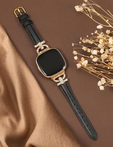 Vista 2 de Minyee Correas de cuero compatibles con Fitbit Versa 4/Versa 3/Sense 2/Sense Band para mujer, correa de cuero delgada elegante con diamantes