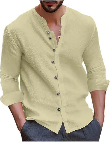 Vista 9 de Camisas de manga larga para hombre, casual, de algodón, lino, con botones, a la moda, lisas, para fiesta, otoño