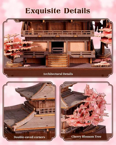 Vista 4 de Rolife Rompecabezas de madera 3D Sakura Pavilion, modelo de arquitectura japonesa y kit de construcción de casas en miniatura para adultos Marrón