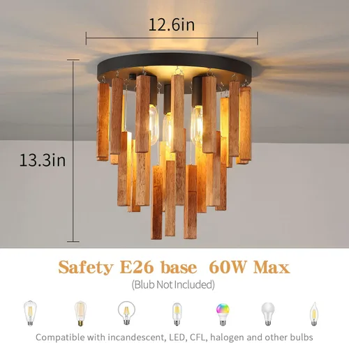 Vista 2 de Lámparas de techo semiempotradas de 3 luces, lámpara de madera bohemia, lámpara de techo de roble y negro con E26 para cocina, sala de estar