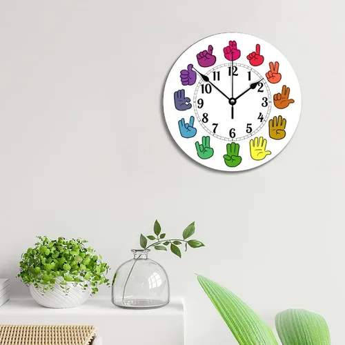 Vista 3 de Reloj de pared de madera arcoíris con lenguaje de señas, moderno, funciona con pilas, silencioso, sin tictac, relojes de pared decorativos
