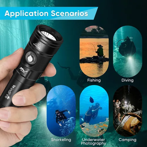 Vista 6 de Linterna de buceo WindFire, linterna impermeable para buceo 262 pies bajo el agua, linterna recargable para snorkel con 4 modos y indicador