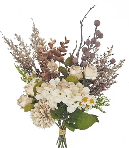 Vista 17 de Arreglos florales artificiales de seda de 17 pulgadas, ramos de flores artificiales que consisten en ranúnculos, crisantemos silvestres, rosas Ámbar