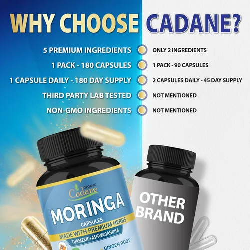 Vista 7 de Cadane Moringa Extract Capsules, suministro de 6 meses con raíz de Ashwagandha, Tulsi, jengibre, cúrcuma - 180 cápsulas