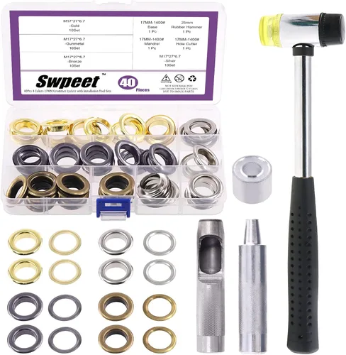Vista 11 de Swpeet 204 piezas – 100 juegos de ojales de agujero de 1/2 pulgada (0.472 in) gruesos de 4 colores ojales de metal ojales y 3 piezas de herramienta