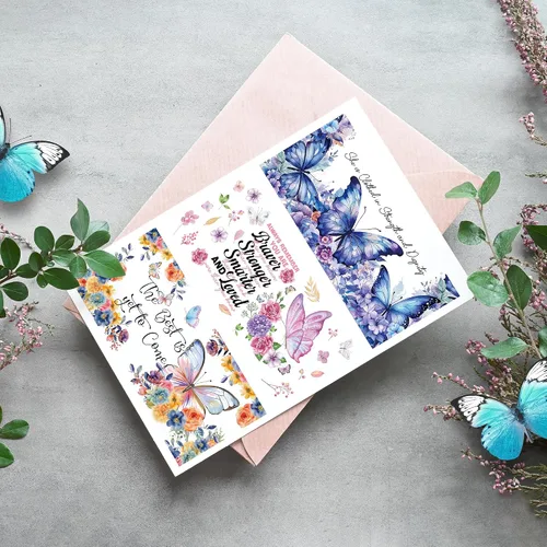 Vista 5 de AFRITEE Envolturas de tazas UV DTF – 8 hojas de pintura de acuarela de mariposa azul rosa colorido flor floral mariposa frotar en transferencias UV