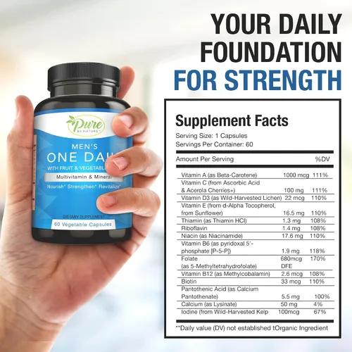 Vista 5 de Pure By Nature Multivitamínico diario para hombres, suplemento de apoyo inmunológico con ingredientes no transgénicos, vitaminas y minerales