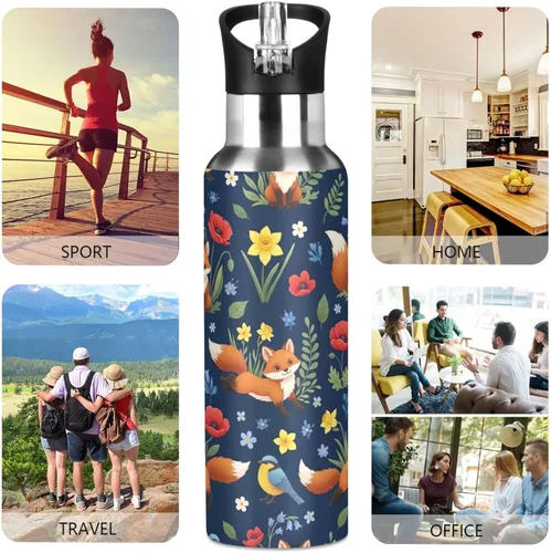 Vista 5 de Insulated Water Bottle 32 Oz, Leakproof Water Bottles for Gym Outdoor Travel School, Cute Foxes Colorful Flowers