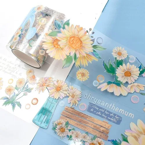 Vista 16 de Cinta washi de rosa para collage original de flores, creatividad, hecha a mano, para libro de diario, material PET con efecto láser (90387)