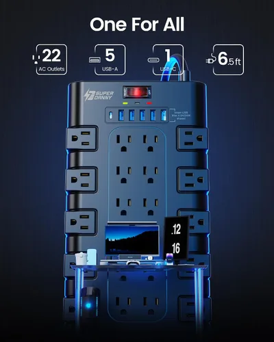 Vista 2 de Regleta de alimentación, SUPERDANNY - Protector contra sobretensiones con 22 tomas de corriente AC y 6 puertos de carga USB, 1875 W/15 A, 2100