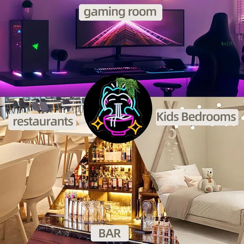 Vista 6 de Ramen - Letrero de neón con diseño de fideos de oso lindo para decoración de pared, LED regulable, decoración de pared japonesa, luz de neón