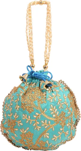 Vista 5 de Touchstone Bolsa tradicional india bordada a mano para regalos de compras, joyería de boda, perlas de imitación, cuerda con cordón para mujer.