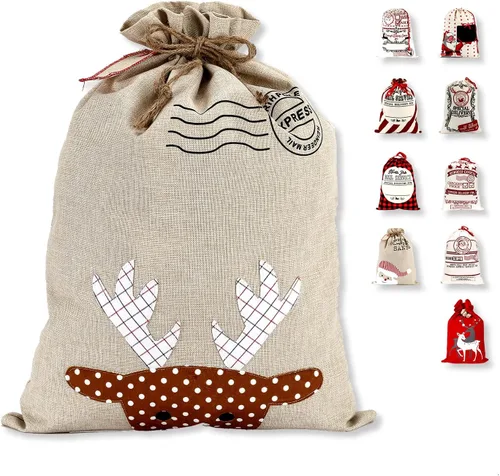Vista 15 de LessMo - Saco de Navidad para Papá Noel, Bolsa de regalo de Navidad grande con cordón, reutilizable, personalizada para el almacenamiento