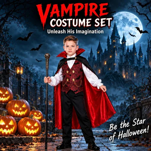 Vista 3 de Doloowee Disfraz de vampiro de Halloween de 4 piezas para niños de 3 a 12