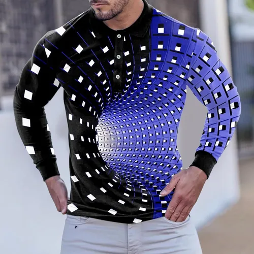 Vista 2 de Botón de solapa con estampado digital abstracto para hombre, manga larga, puños y compresión para hombre