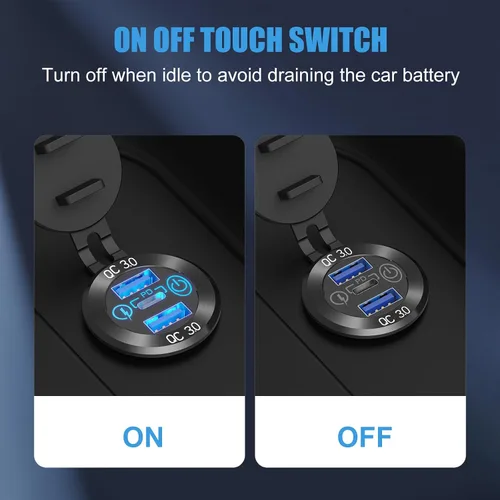 Vista 3 de Cargador de aluminio USB de 12 V PD 3.0 tipo C y doble carga rápida 3.0 puerto USB múltiple impermeable de 12 V/24 V USB con interruptor táctil, kit