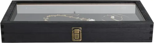 Vista 5 de MOOCA Vitrina de madera para joyas, tapa superior de vidrio templado, vitrina de cuchillo de bolsillo con cierre de metal y almohadilla extraíble