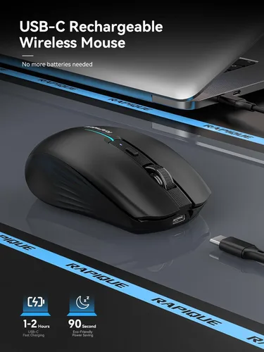 Vista 4 de RAPIQUE Ratón Inalámbrico Bluetooth - (BT1/BT2+USB) Tri-Modo de Alto Rendimiento, Recargable, Clic Silencioso, Compatibilidad Multi-Dispositivo