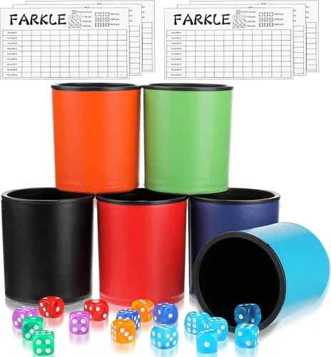 Vista 8 de Zhanmai Juego de 6 vasos de dados para juego Farkle, taza de piel sintética con 36 dados coloridos, juego de 6 tarjetas de puntuación Farkle
