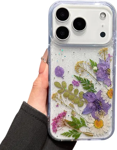 Vista 11 de Funda floral para iPhone 17 con flores reales prensadas, bonito diseño de flores secas prensadas transparentes con purpurina para mujer, suave TPU