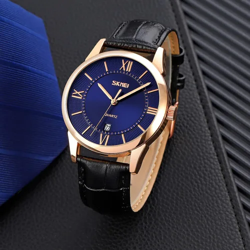 Vista 3 de SKMEI Relojes para hombre cuero marrón clásico analógico reloj de cuarzo para negocios moda casual fecha 3ATM impermeable para amantes del reloj