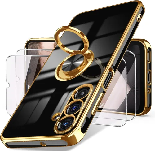 Vista 14 de Dretal Funda para Samsung Galaxy A15 5G, protector de pantalla, soporte de anillo giratorio de 360°, soporte magnético, borde dorado plateado, funda