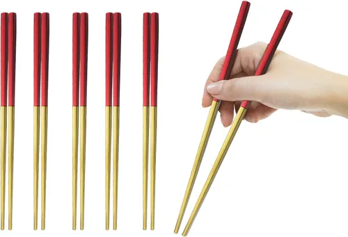 Vista 18 de JASHII 5 pares de palillos de acero inoxidable 304, palillos reutilizables, palillos de metal ligeros para fideos de sushi, 9 pulgadas (negro dorado)