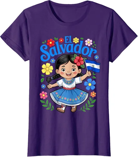 Vista 8 de Camiseta de estilo tradicional floral para niña con la bandera de El Salvador