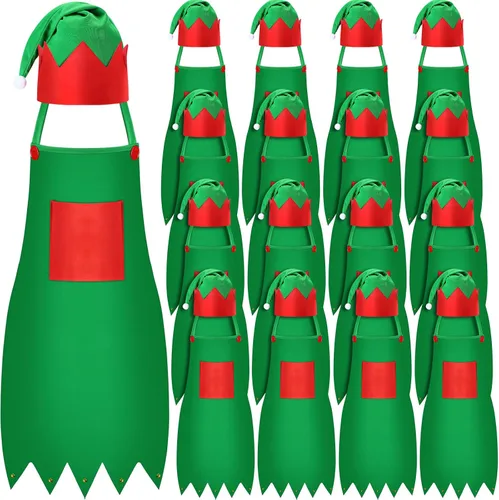 Vista 12 de Handepo - Conjunto de delantal y gorro de elfo navideño para niños, sombreros de Papá Noel para niños, suministros de fiesta navideña para niños